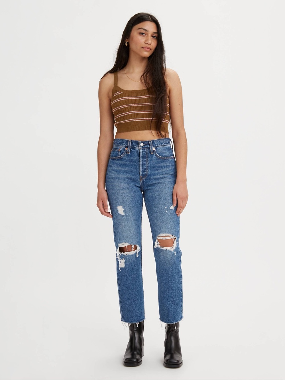 Levi's Wedgie Straight Ankle Jeans Button Fly in Medium Wash Distressed 29